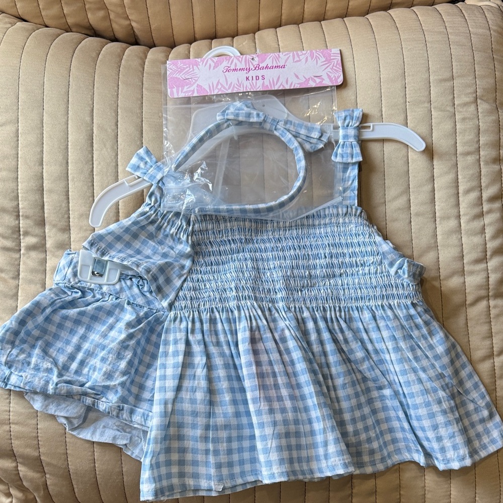 Tommy Bahama Brand New Gingham Kids Headband and Dress Set